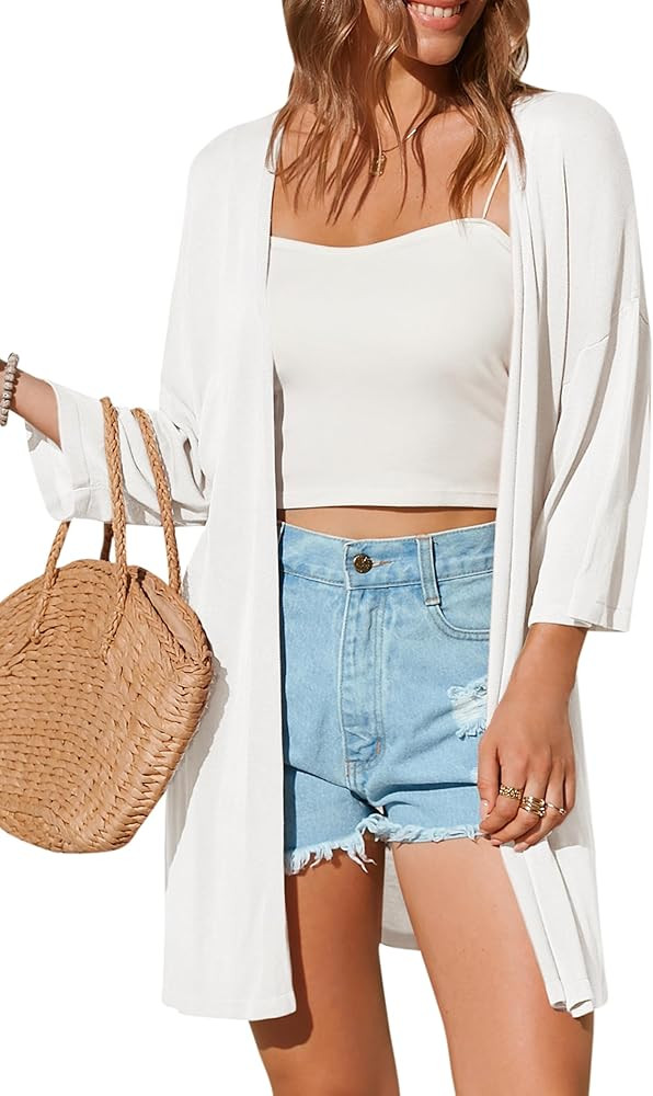 Arach&Cloz Womens 2024 Casual 3/4 Sleeve Open Front Cardigan Lightweight Kimono Summer Beach Cove... | Amazon (US)