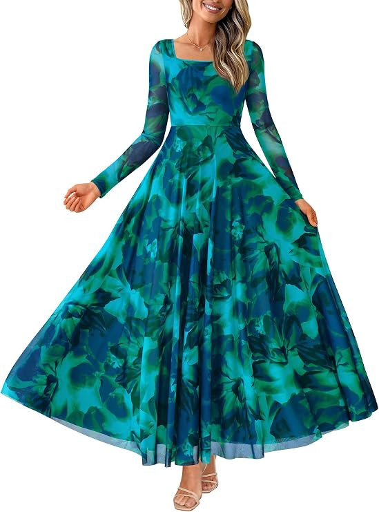 BTFBM Women Maxi Dress Fall 2026 Fashion Elegant Long Sleeve Square Neck Floral Print Party Club ... | Amazon (US)