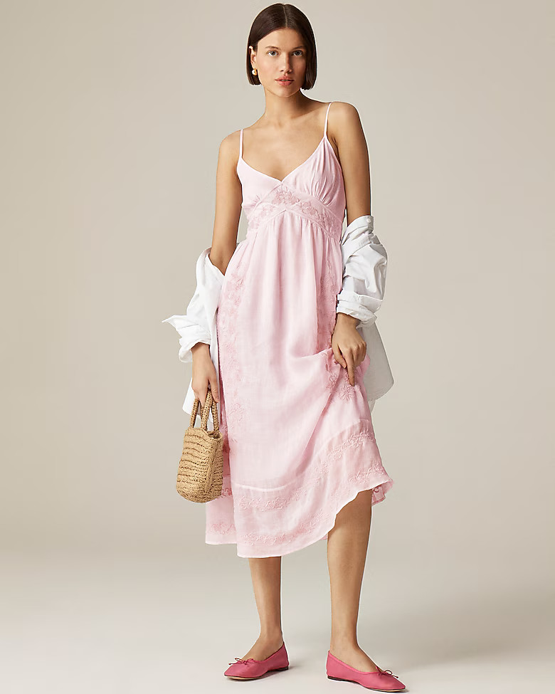 Tall embroidered midi dress in ramie | J. Crew US