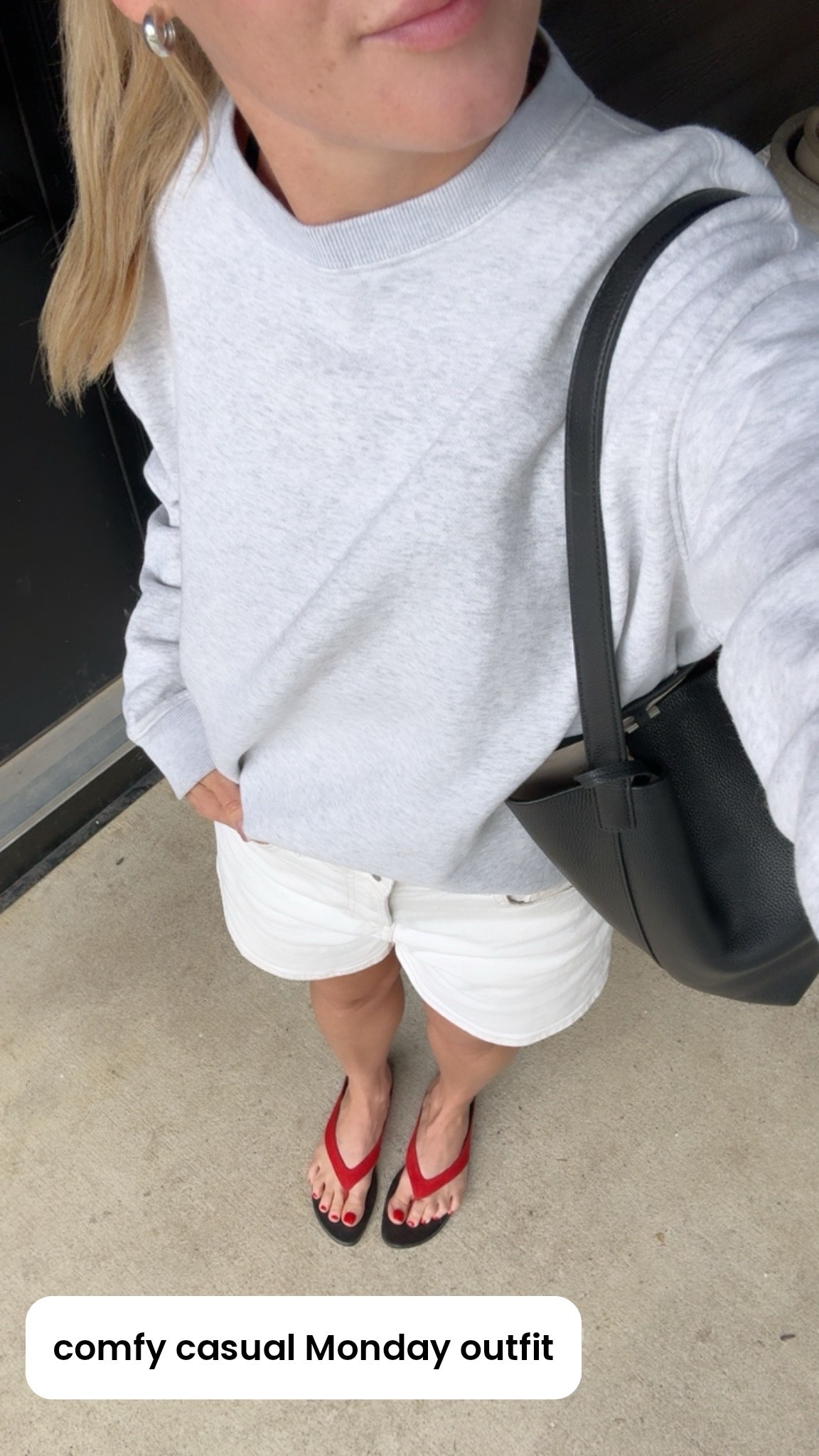 Easy and comfortable neutral summer outfit with a pop of red! Love this sweatshirt from Quince and these effortless red flip flop sandals from Zara!

#LTKsummer #LTKcanada #LTKshoes