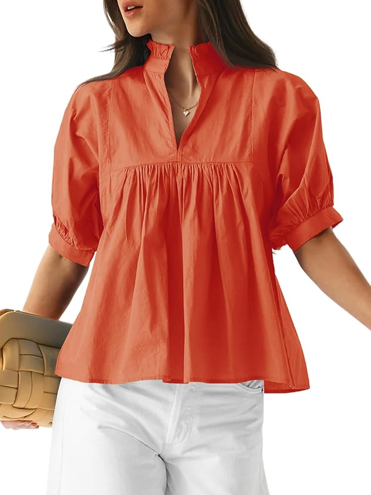 Cicy Bell Womens Puff Sleeve V Neck Blouse Babydoll Peplum Tops Dressy Casual Pleated Loose Fit S... | Amazon (US)