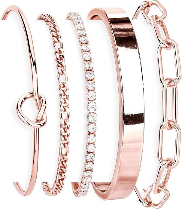 Gold Bracelets Set for Women Non Tarnish, Waterproof 14K Gold Plated Sterling Silver Chunky Cuff ... | Amazon (US)