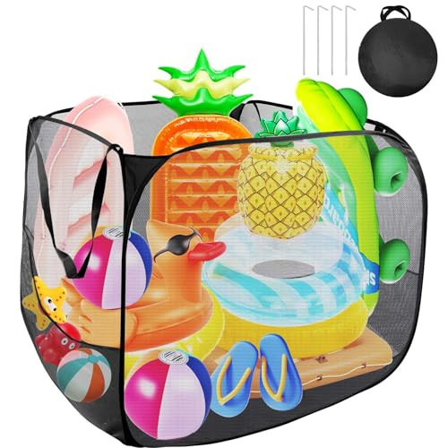 Pop up Pool Toy Storage Bin,32"X32"X30"Pool Float Organizer Bag with 2 Side Pockets Mesh Swimming Pool Toys Organizer with 4 Ground Nails for Inflatable Toys, Float, Beach Ball and Pool Accessories | Amazon (US)