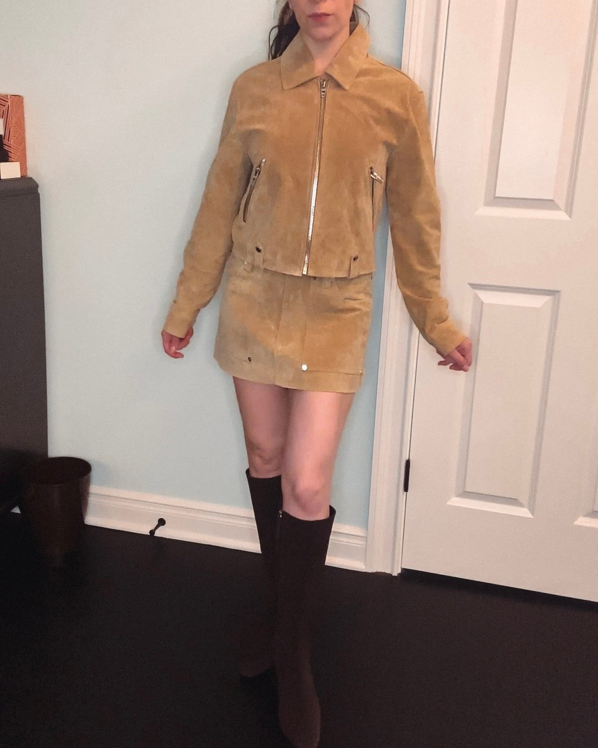 New favorite outfit for the spring, and it’ll be perfect for fall too! Suede BLANKNYC jacket size S and skirt size 26. Brown knee high suede boots. 

#LTKSeasonal #LTKPetite #LTKWorkwear