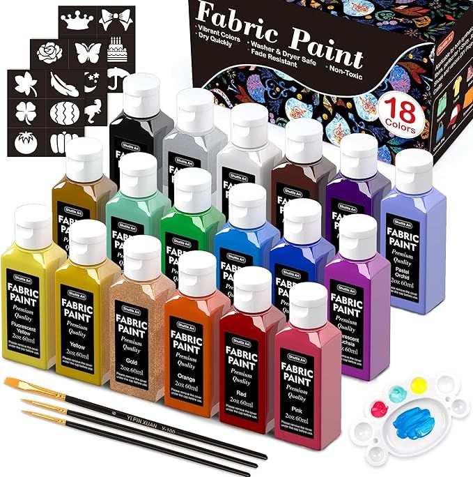 Fabric Paint, Shuttle Art 18 Colors Permanent Soft Fabric Paint in Bottles (60ml/2oz) with Brushe... | Amazon (US)