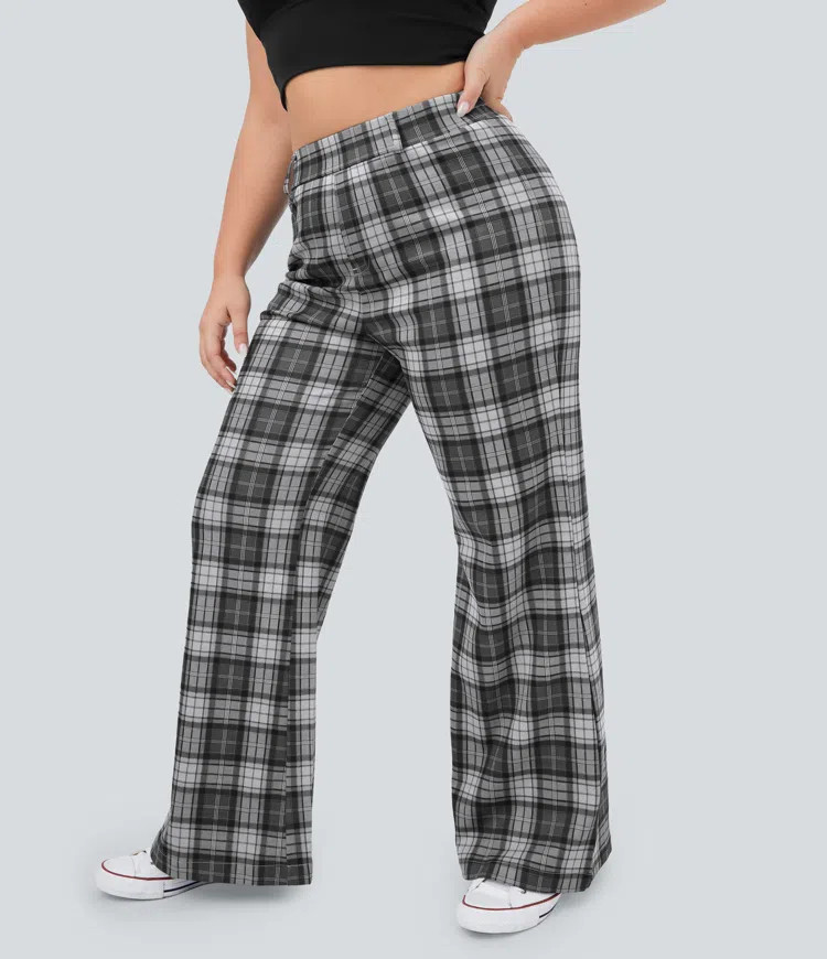 Women’s High Waisted Plaid Plus Size Wide Leg Casual Pants - Halara | HALARA