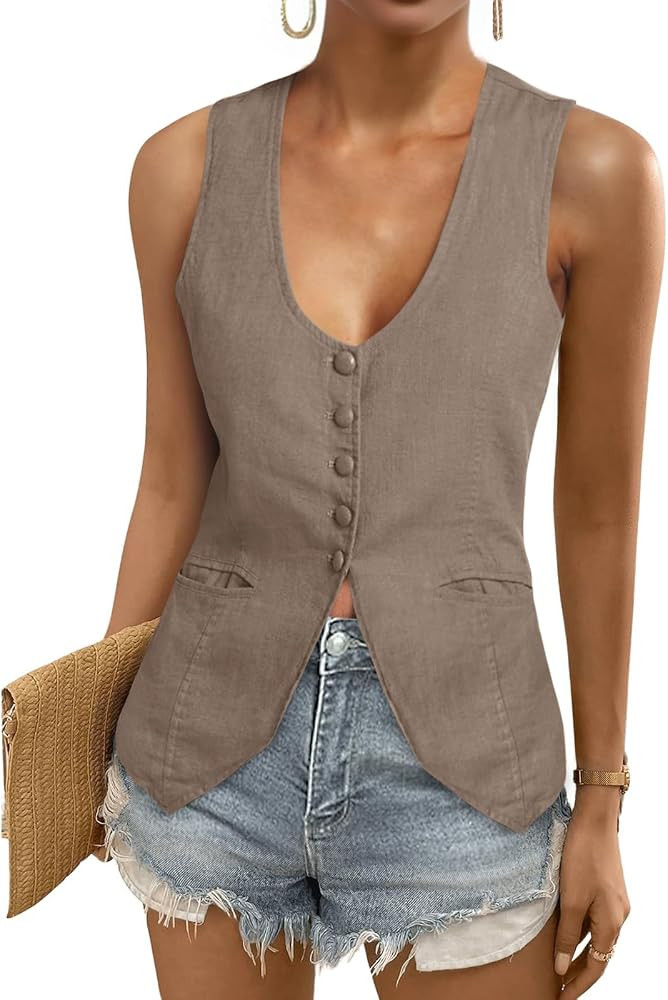 Tankaneo Womens Scoop Neck Blazer Vest Summer Linen Sleeveless Fitted Waistcoat Work Casual Cotto... | Amazon (US)