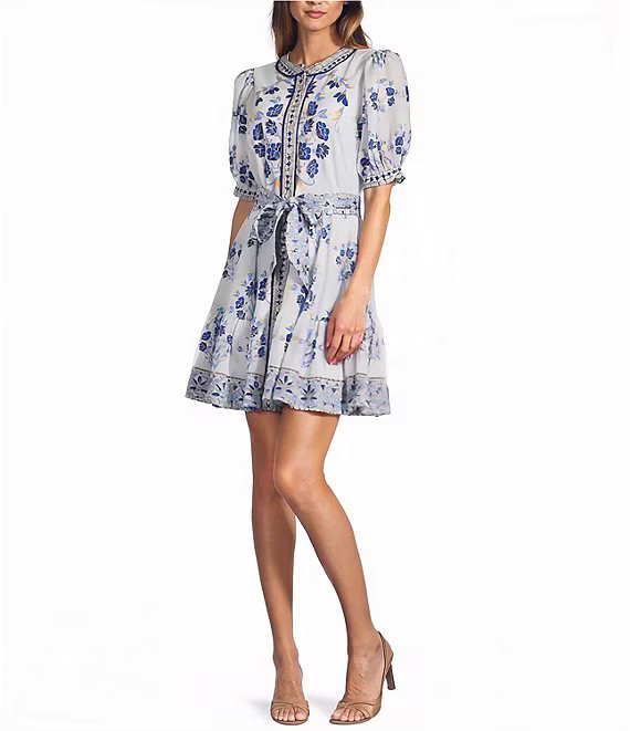 A Loves A Floral Woven Linen Round Neck Short Bubble Sleeve Button Front Tie at Waist A-Line Flou... | Dillard's