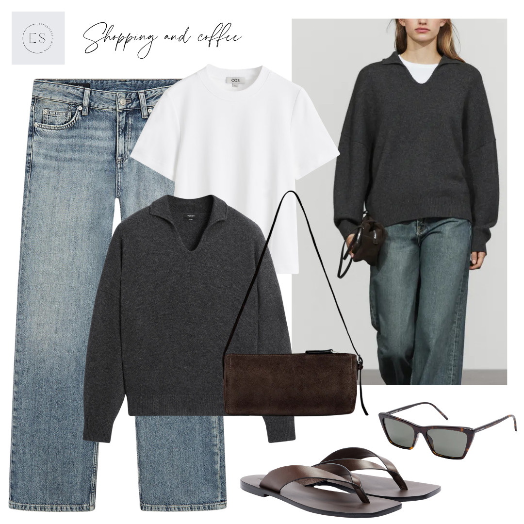 Casual Autumn outfit. 

Dark grey cashmere knit sweater, white t-shirt, dark brown suede shoulder / crossbody bag, slim tortoiseshell cat eye sunglasses, dark brown leather square toe flip flops, blue low rise straight leg jeans. 

 #LTKuk #LTKautumn #LTKjeans