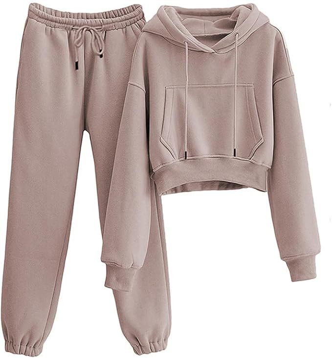 Tanming Women 2 Piece Outfits Sweatsuits Crop Pullover Fleece Sweatshirt Jogger Pants Lounge Set | Amazon (US)