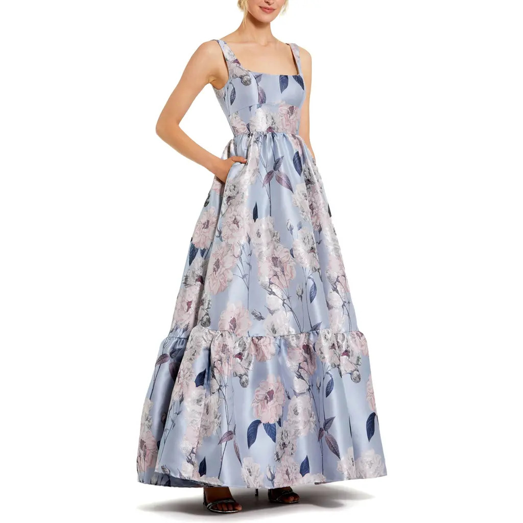 Mac Duggal Women's Floral Brocade Scoop Neck Sleeveless A-Line Gown in Blue Multi at Nordstrom, Size 2 | Nordstrom