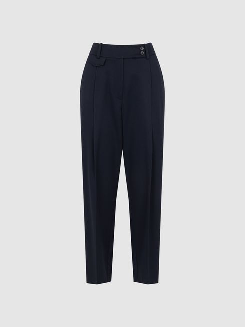 Reiss Navy River High Rise Cropped Tapered Trousers | Reiss UK