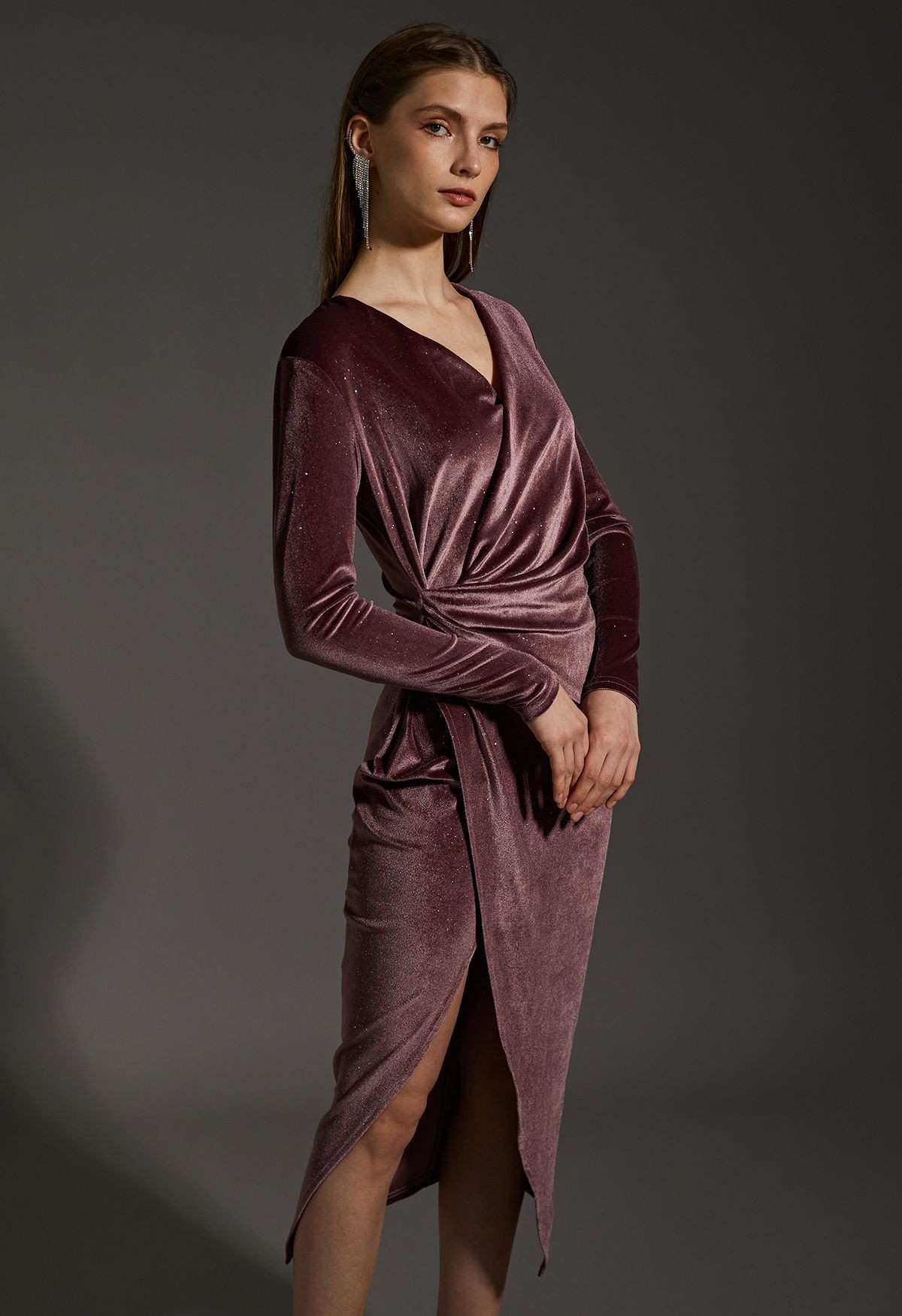 Glittery Velvet Wrap Midi Dress in Brown | Chicwish