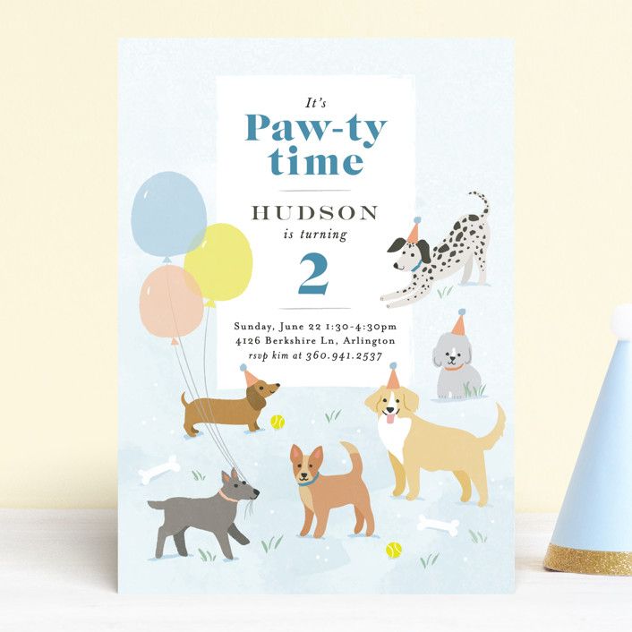 "Pawty Time" - Customizable Children's Birthday Party Invitations in Blue by Karidy Walker. | Minted