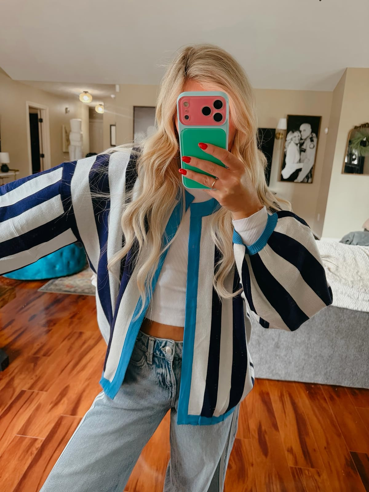 Wefebi Women's Casual Loose Fit Striped Cardigan Long Balloon Sleeves Open Front Knit Sweater | Amazon (US)