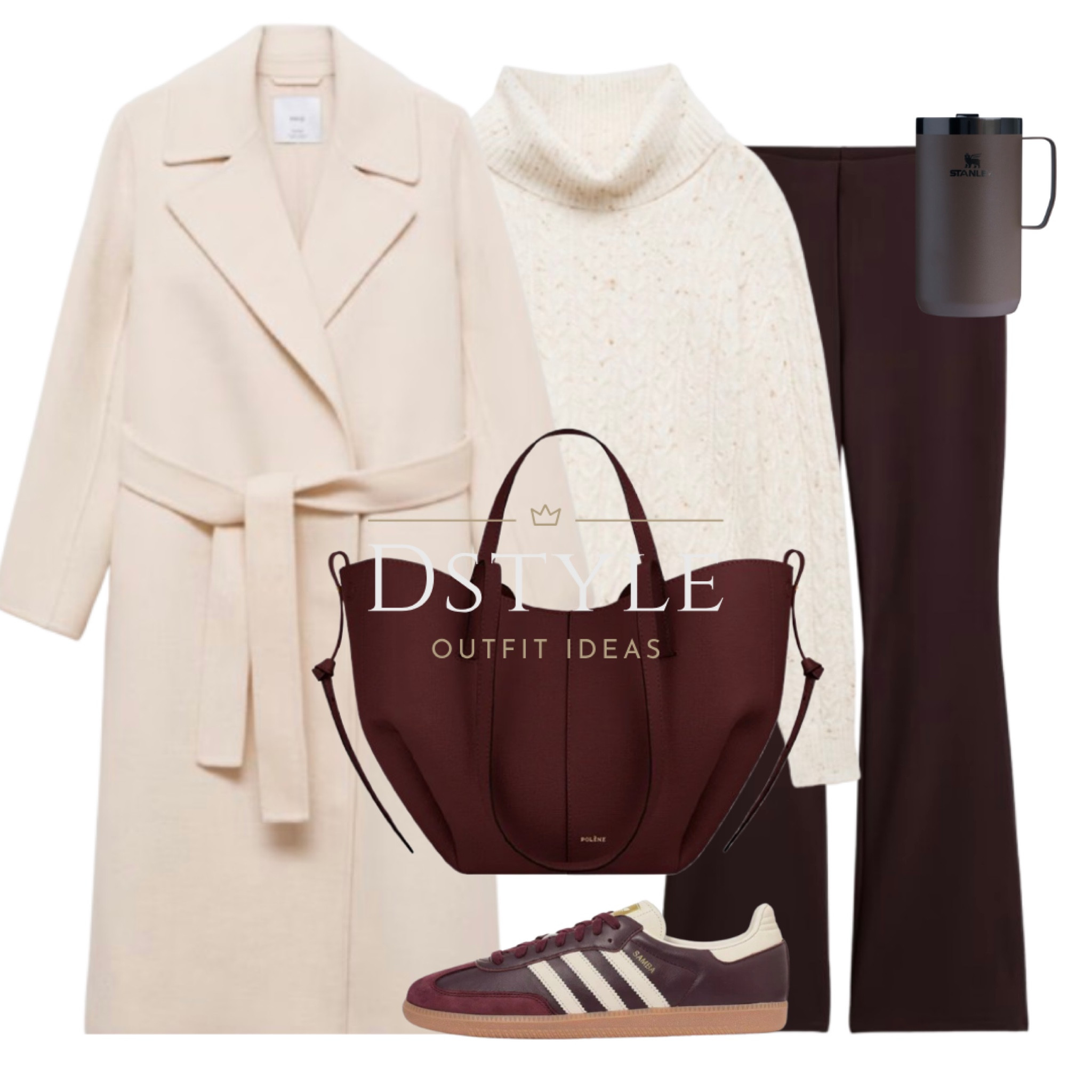 Ecru handmade wool-blend coat, ecru twisted turtleneck sweater/ jumper, burgundy flared leggings, maroon Adidas Samba, Stanley stay hot camp mug, bag - Polene Cyme Mini  - Black Cherry

#LTKTravel #LTKFindsUnder50 #LTKStyleTip