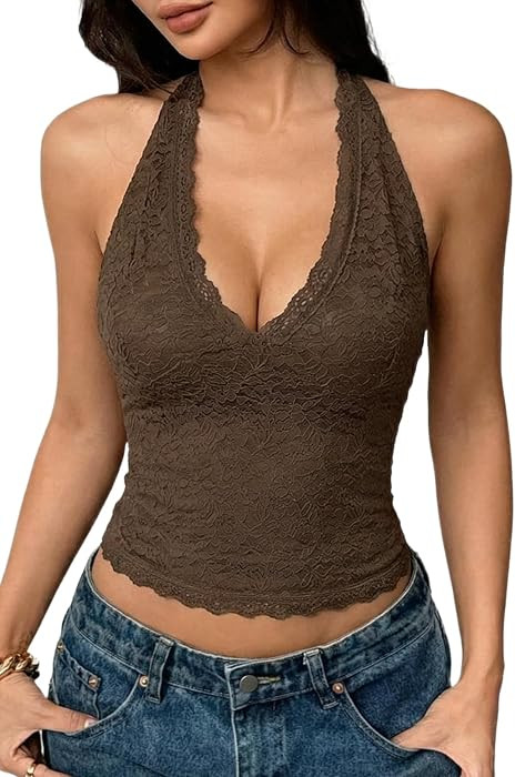 QINSEN Women's Lace Halter Top V Neck Tie Back Double-Layer Tank Top Backless Sleeveless Slim Fit... | Amazon (US)
