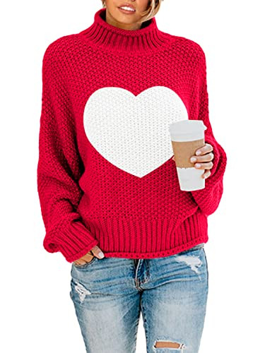 Saodimallsu Womens Heart Sweater Oversized Turtleneck Sweaters Batwing Long Sleeve Pullover Loose Chunky Knit Tops | Amazon (US)