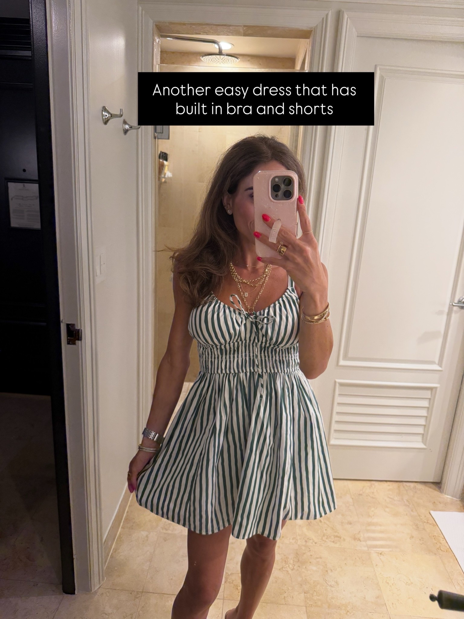 Green stripe mini dress with hidden shorts . So cute for vacation wearing xxs petite

#LTKPetite #LTKSaleAlert #LTKTravel