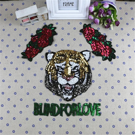 One Set Iron on Tiger Head N Flowers N Letters Sequins Patch - Etsy | Etsy (US)