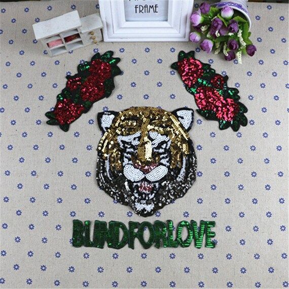 One Set Iron on Tiger Head N Flowers N Letters Sequins Patch - Etsy | Etsy (US)