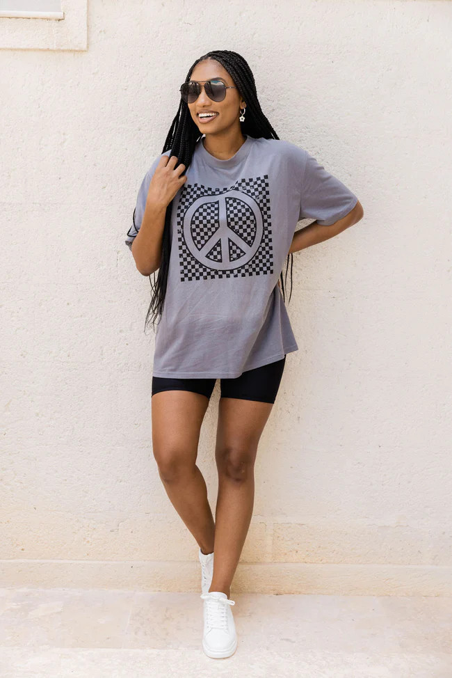 Checkered Peace Grey Oversized Graphic Tee | Pink Lily