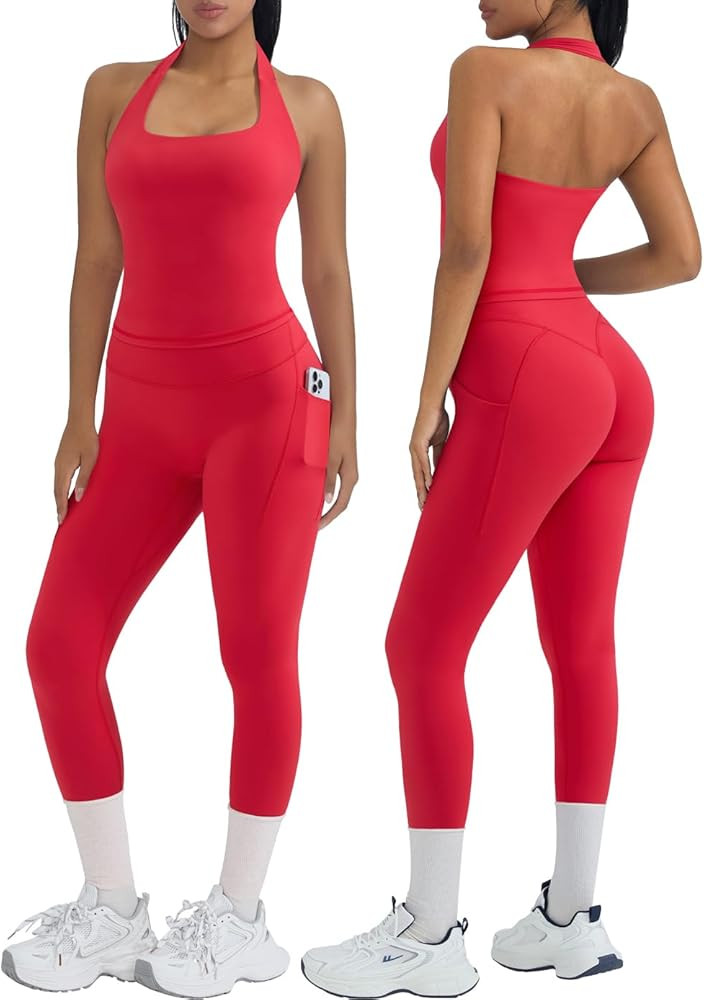 OMKAGI 2 Piece Workout Sets for Women Halter Tops Booty Leggings with Pockets Gym Outfits | Amazon (US)