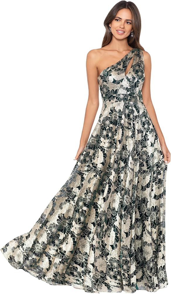Betsy & Adam Women's Long Sleeveless One Shoulder Metallic Print Gown | Amazon (US)