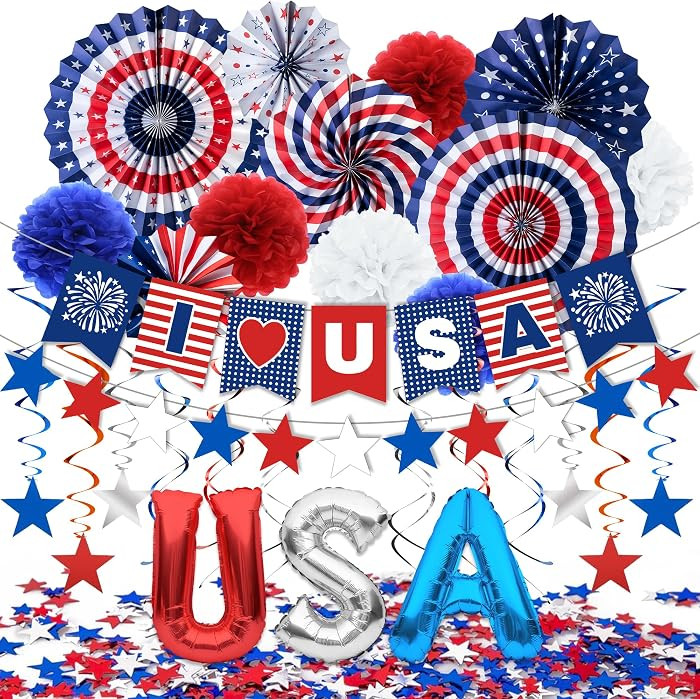 DMIGHT 4th of July Decorations, 33PCS Patriotic Memorial Day Decorations Set with Banner, USA Bal... | Amazon (US)
