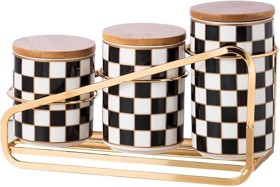 Kitchen Countertop Ceramic Checkered Canisters Set, 3Pcs Grid Pattern Kitchen Jars with Layered S... | Amazon (US)