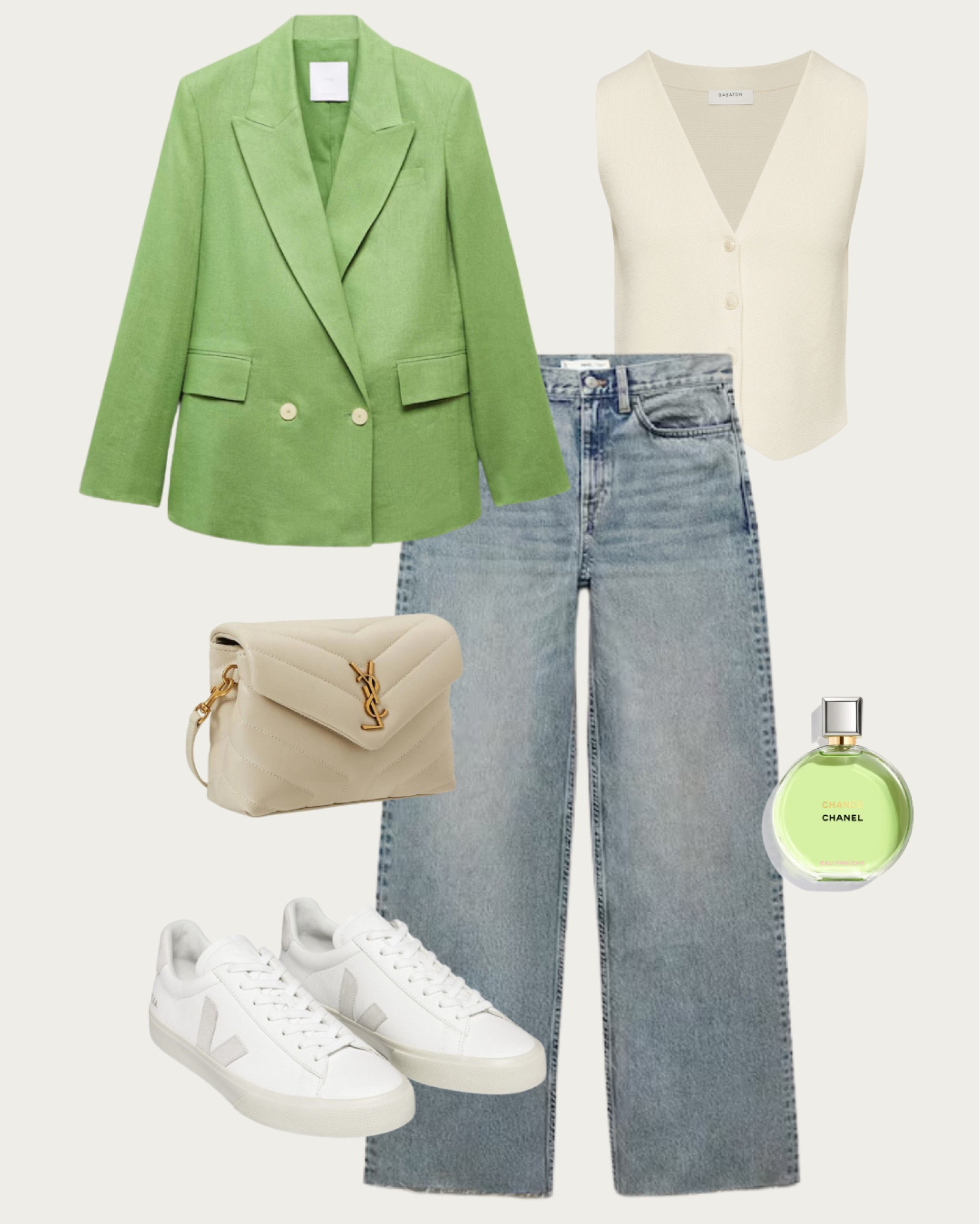 Welcome the warmth of spring in style with this bold green blazer and relaxed denim combo. Topped with a soft cream vest, this look is casual yet polished. Accessorize with a chic crossbody and white sneakers for day-long comfort. Don't forget a hint of luxury with a splash of Chanel. Shop the edit on my LTK! #SpringStyle #GreenBlazer #DenimDays #CasualChic #LTKspring

#LTKtravel #LTKworkwear #LTKstyletip