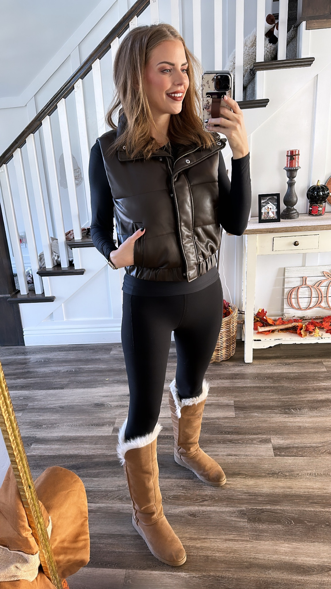 Fall fit! 
Vest is a staple piece that can be worn so many different ways- wearing a small
Leggings- size up one size as they are super tight. My all time favorite leggings ever! I promise you’ll not regret this purchase 
Boots- I got these like 6 years ago. They are Uggs. I linked similar ones  

#LTKSeasonal