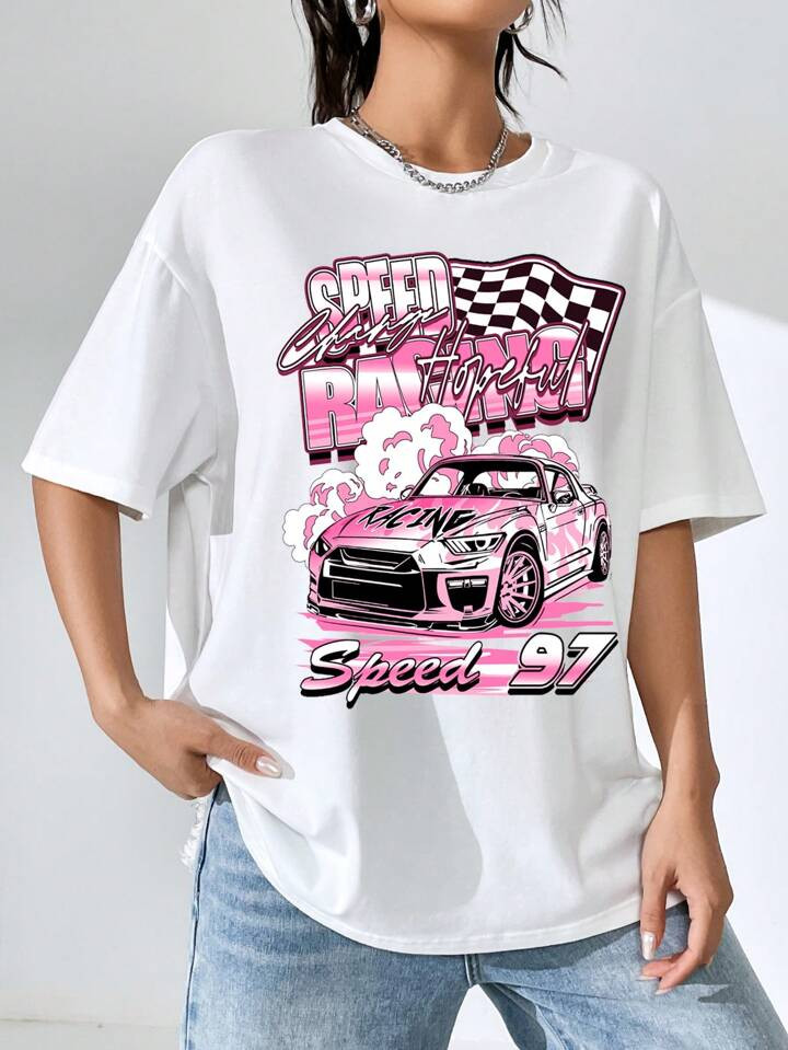 SHEIN EZwear Oversized Casual Pink Racing Car Graphic White Round Neck Short Sleeve T-Shirt, Loose Fit For Women, Summer, Unisex | SHEIN