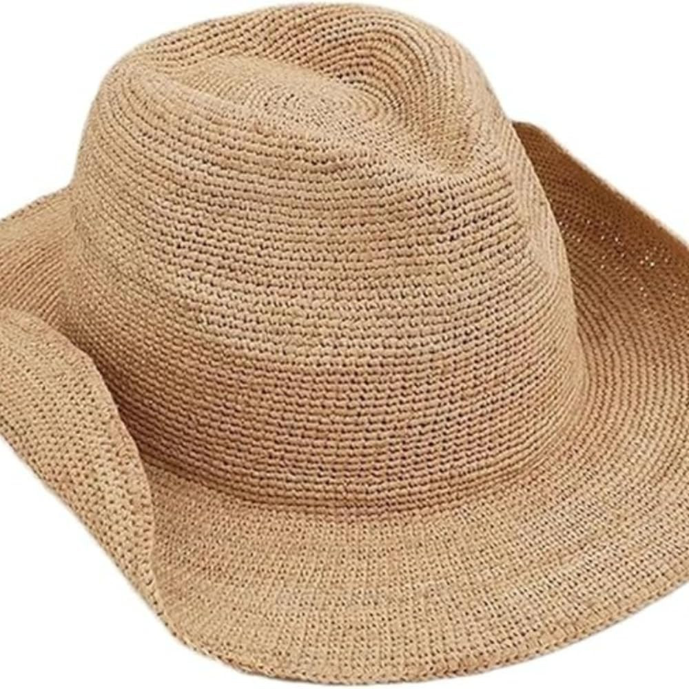 Women's Hand-Woven Crochet Raffia Sun Hat with Curled Brim Brown | Amazon (UK)