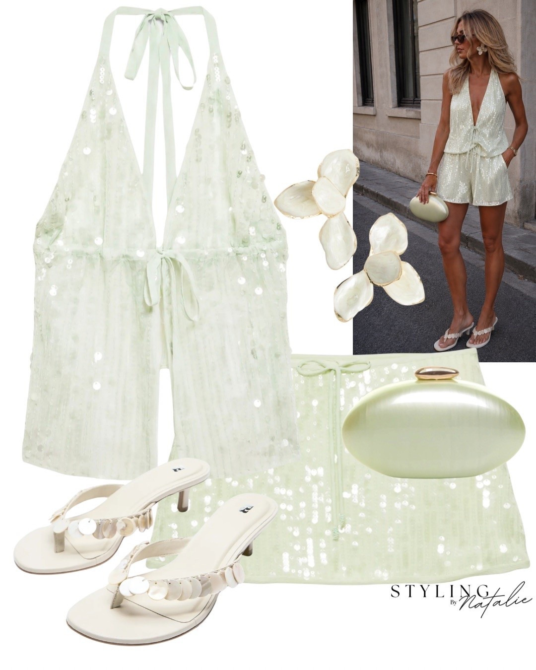 Sequin summer night look🧚🏼✨

Pale green sequin mini skirt and matching halter neck tie together top, sequin thong kitten heels. Green acrylic clutch and flower earrings. 

Ibiza outfit, night out, summer evening wear, party, Pull & Bear ,holiday evening, vacation style. @Pull & Bear

#LTKuk #LTKsummer #LTKpartywear
