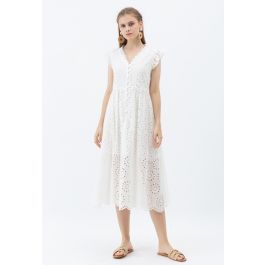 Allover Eyelet Embroidery Buttoned Sleeveless Dress in White | Chicwish