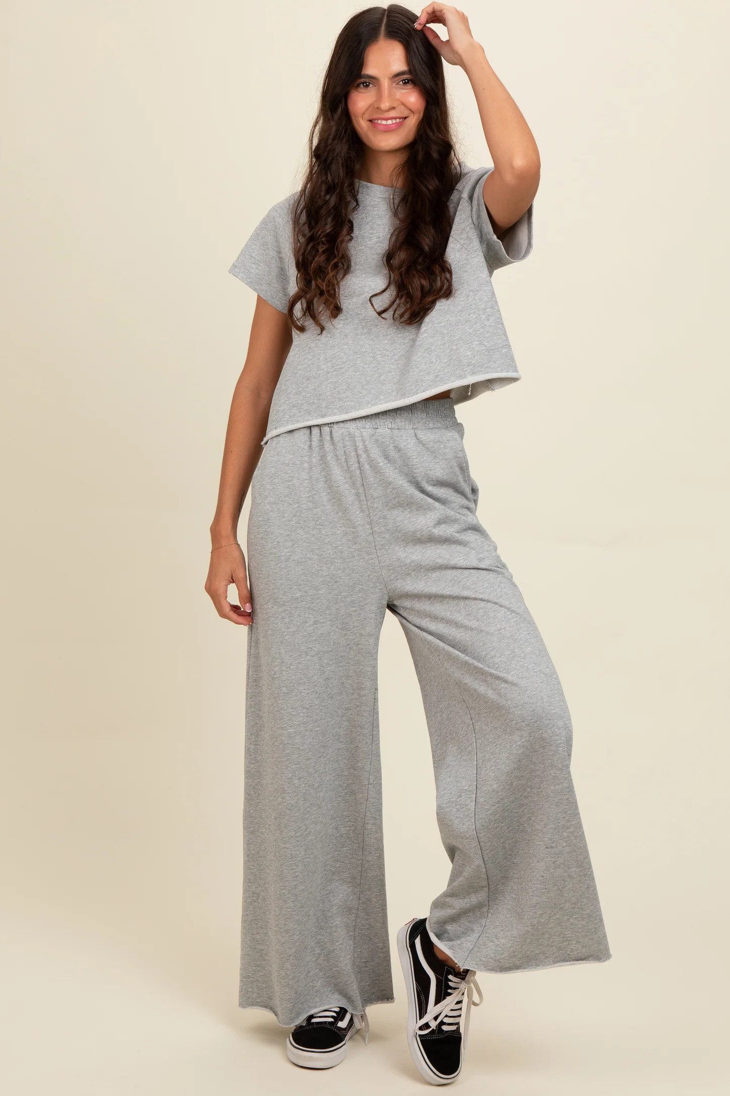 Heather Grey Basic Tee And Wide Leg Pant Set | PinkBlush Maternity