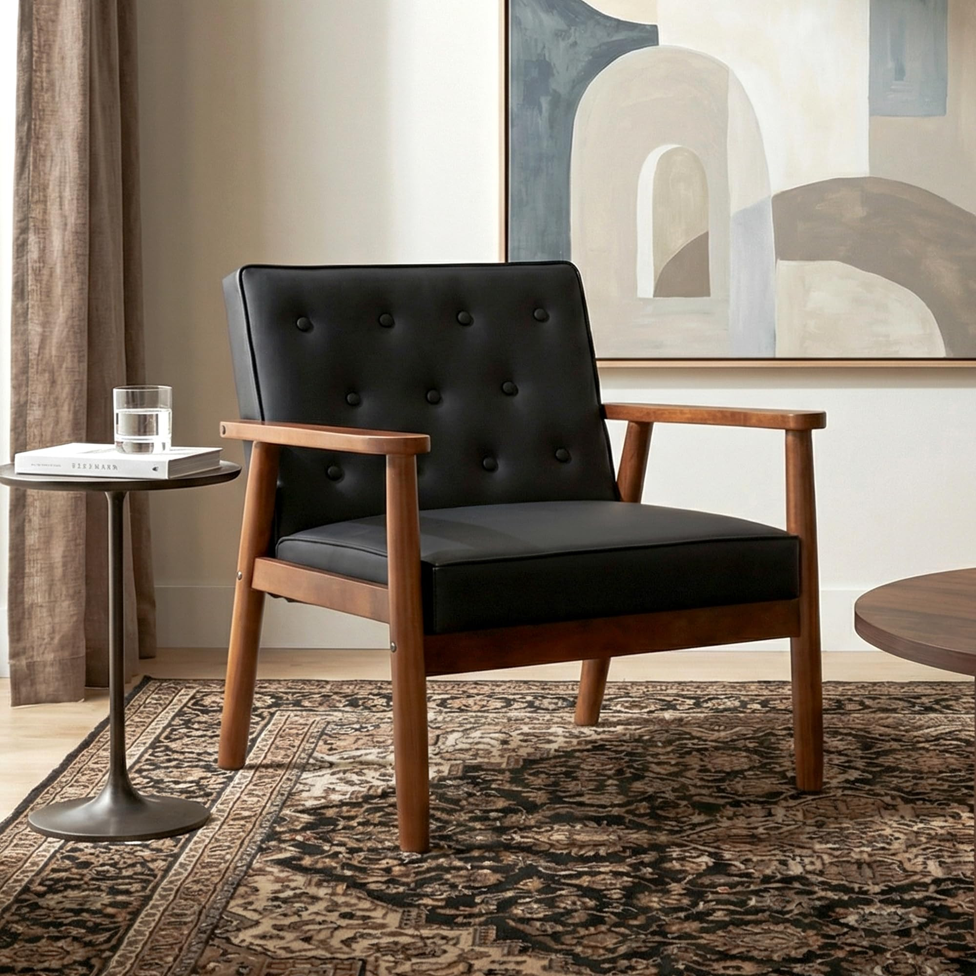 JIASTING Mid-Century Retro Modern Solid Wood Armrest Accent Chair, Faux Leather Tufted Back Uphol... | Amazon (US)