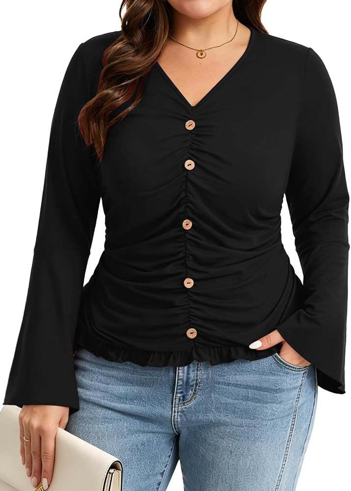 Plus Size Women's Bell Sleeve V-Neck Top | Amazon (US)