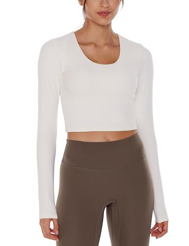 Womens Long Sleeve Shirts Workout Crop Tops Yoga Tee Built in Bra Mild Support Cream Feeling Athl... | Amazon (US)