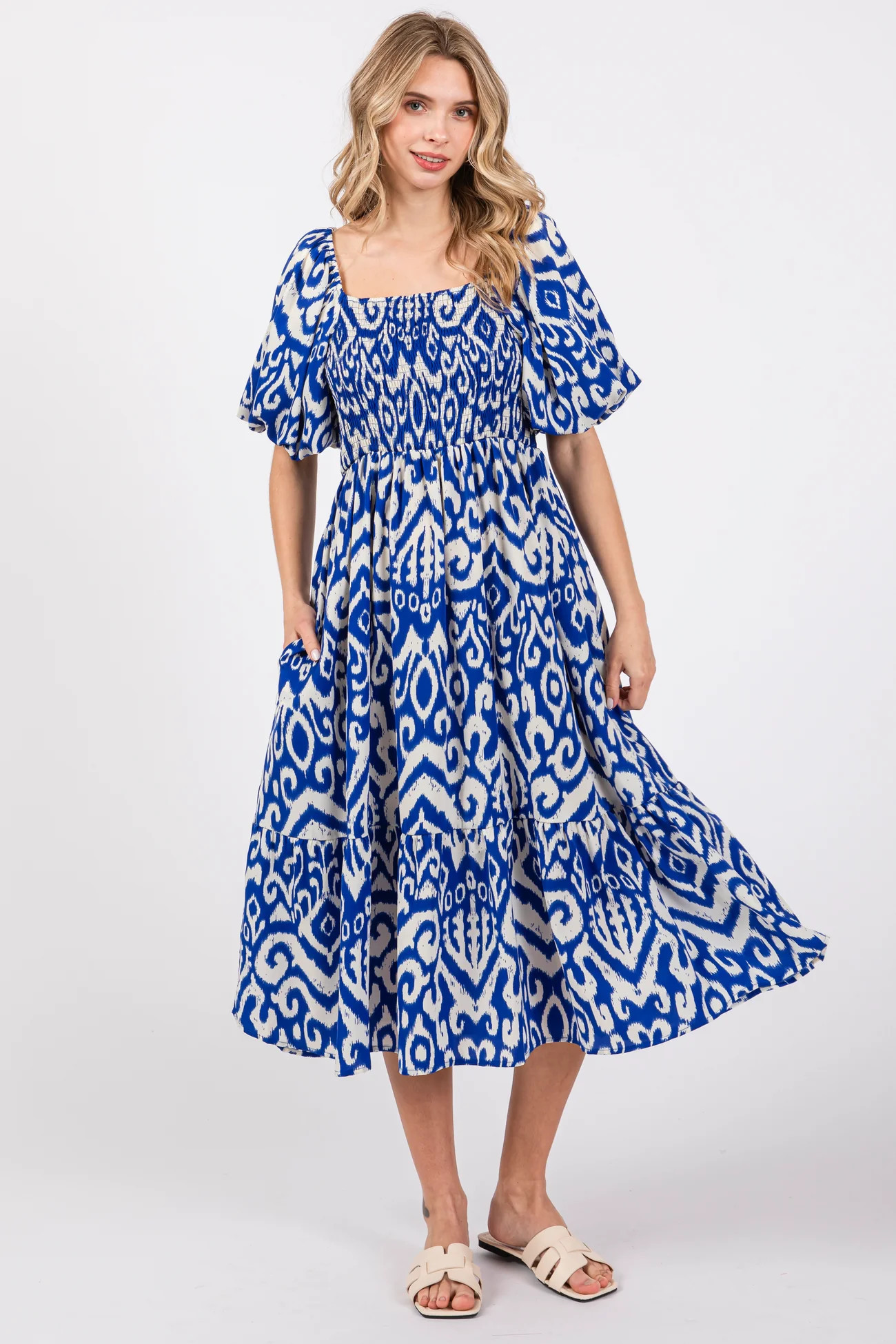 Royal Blue Square Neck Smocked Ruffle Midi Dress | PinkBlush Maternity