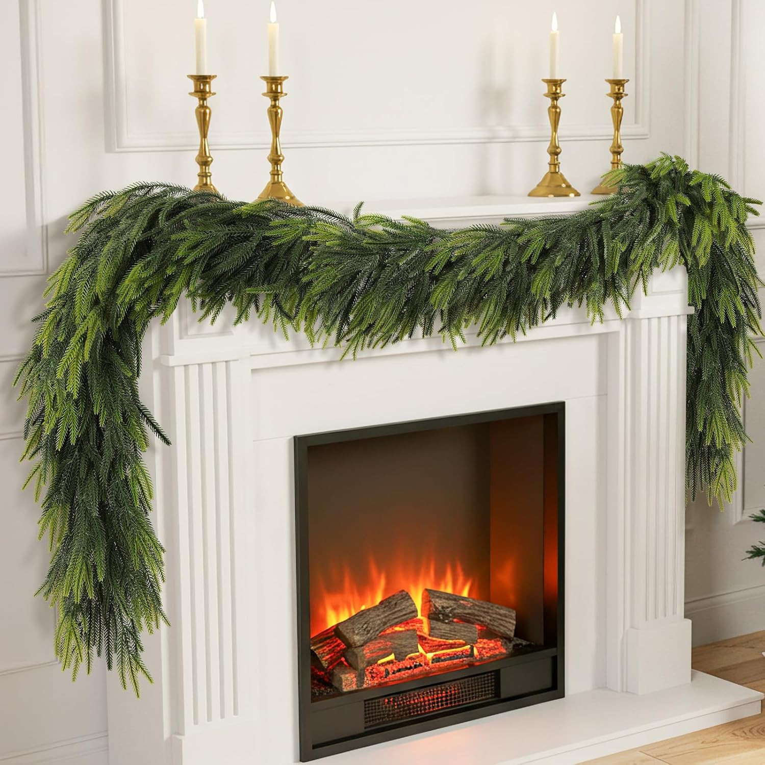 N&T NIETING 9FT Christmas Norfolk Pine Garland Real Touch Artificial Greenery Garlands Faux Winter Garland for Mantle Fireplace Table Stair Front Door Indoor Outdoor Holiday Xmas Decorations (1 Pcs) | Amazon (US)