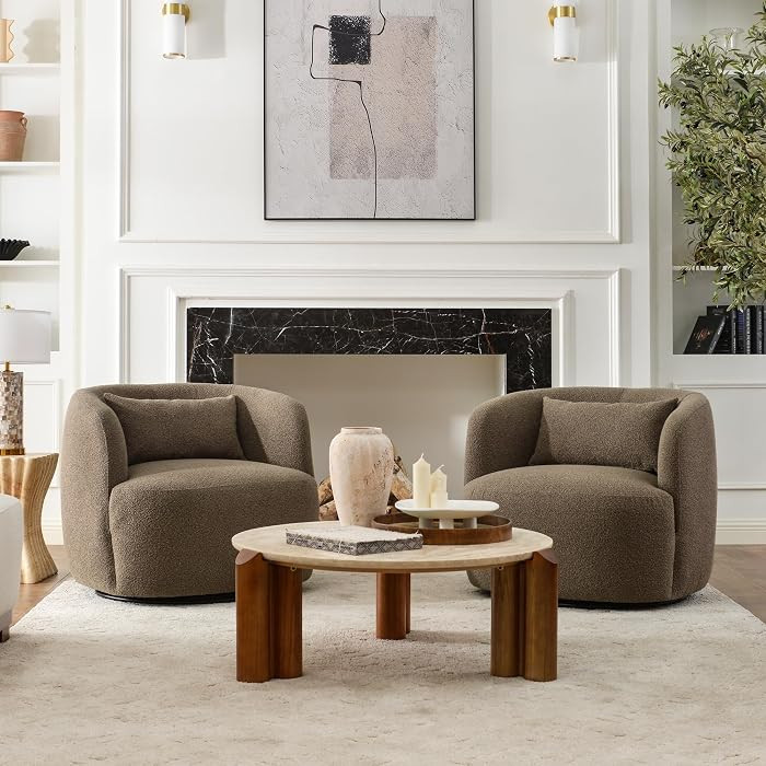 KINWELL 34" W Boucle Swivel Barrel Chairs with Pillow Set of 2, Teddy Brown | Amazon (US)