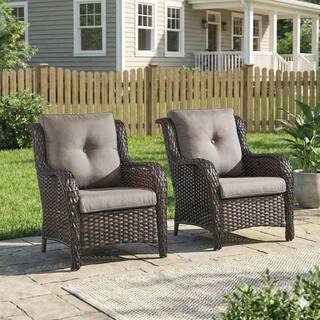 WellCane Brown Outdoor Wicker Patio Chairs Set of 2, Outdoor Lounge Chairs with Gray Cushions for Porch Balcony Backyard | The Home Depot