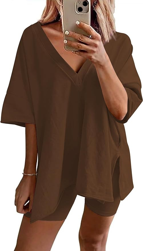 Ekouaer Womens Pajamas 2 Piece Lounge Sets Oversized V Neck T-Shirts Tops Biker Shorts Set Workou... | Amazon (US)