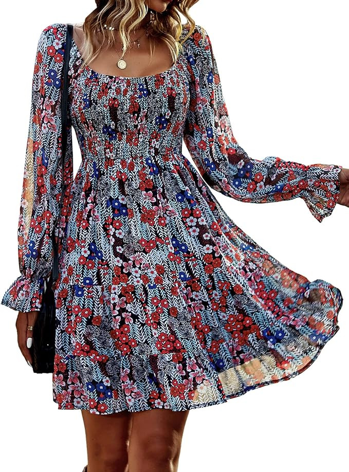 BTFBM Women Square Neck Smocked Summer Fall Dresses 2023 Long Sleeve Floral Swiss Dot Ruffle Part... | Amazon (US)