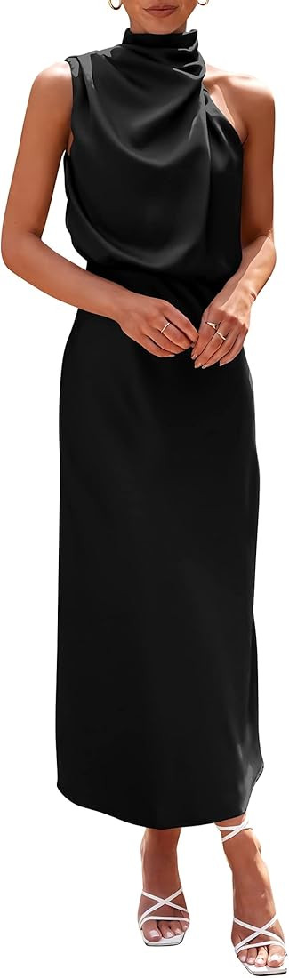PRETTYGARDEN Women's 2023 Summer Satin Dress Elegant Sleeveless Mock Neck Cocktail Party Maxi Dre... | Amazon (US)