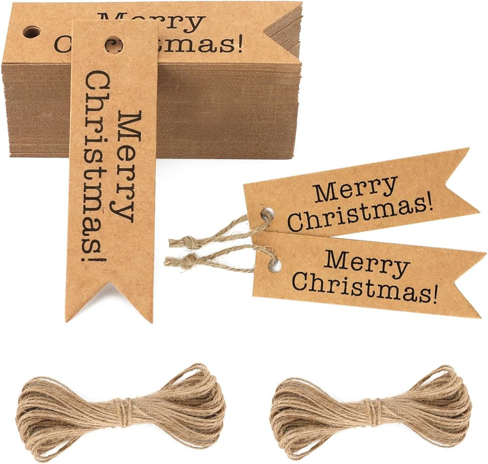 jijAcraft Merry Christmas Tags, 100Pcs Gift Tags with String, Brown Kraft Paper Tags Print with M... | Amazon (US)
