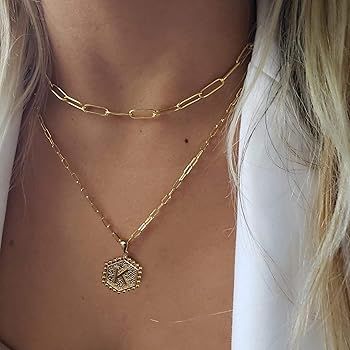 Dainty Layered Initial Necklaces for Women, 14K Gold Plated Paperclip Chain Necklace Simple Cute ... | Amazon (US)