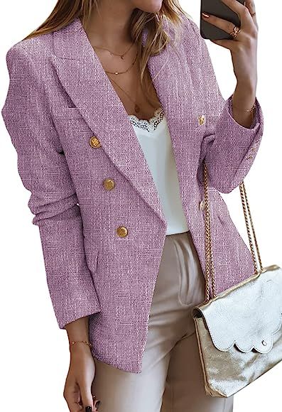 Happy Sailed Womens Double Breasted Tweed Blazers Casual Long Sleeve Open Front Blazer Jackets Wo... | Amazon (US)